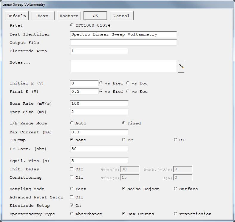 Spectro Linear Sweep Voltammetry Setup Parameters