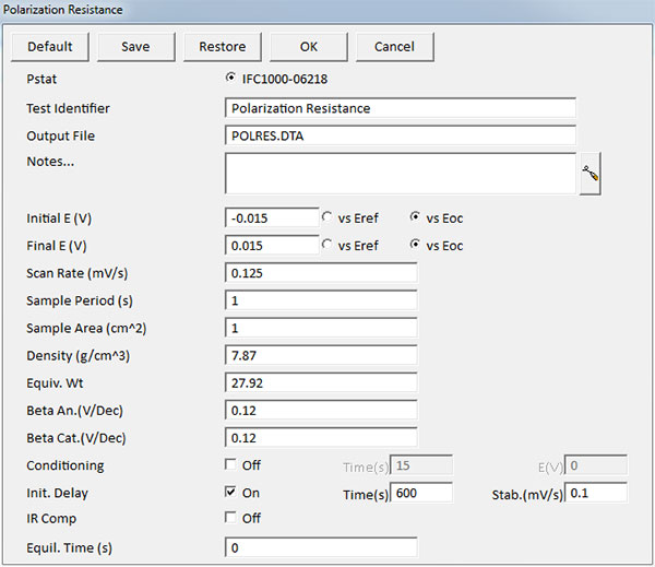 Entry screen for the experimental parameters used during the LPR experiment  The