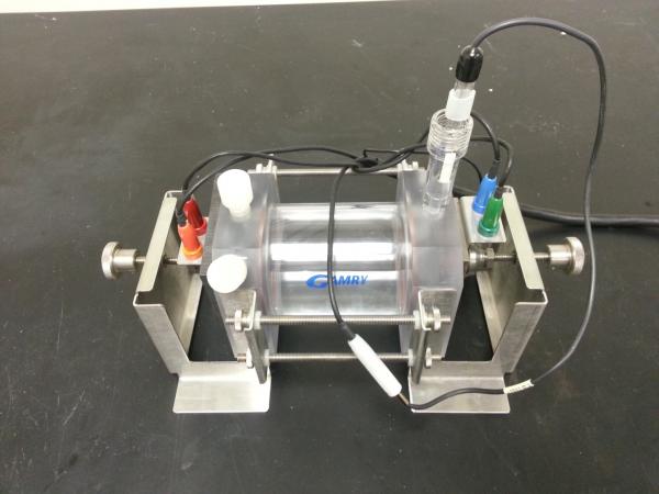 paracell with electrodes and potentiostat leads connected