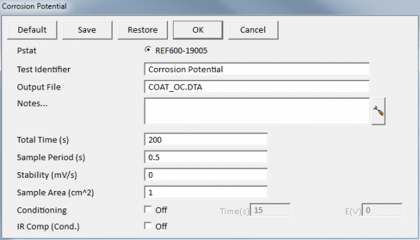 settingsfor CorrosionPotentialExperiment