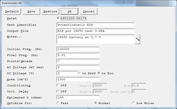 Setup window for potentiostatic mode.