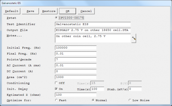 Setup window galvanostatic mode