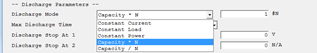 Selectable modes for the discharge step (Constant C rate mode is shown