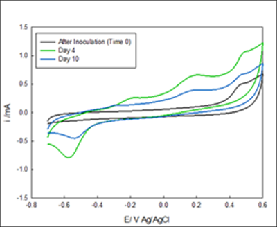 Cyclic voltammetry of system #1 The voltammograms A and B are in the same vessel but under different potentials.