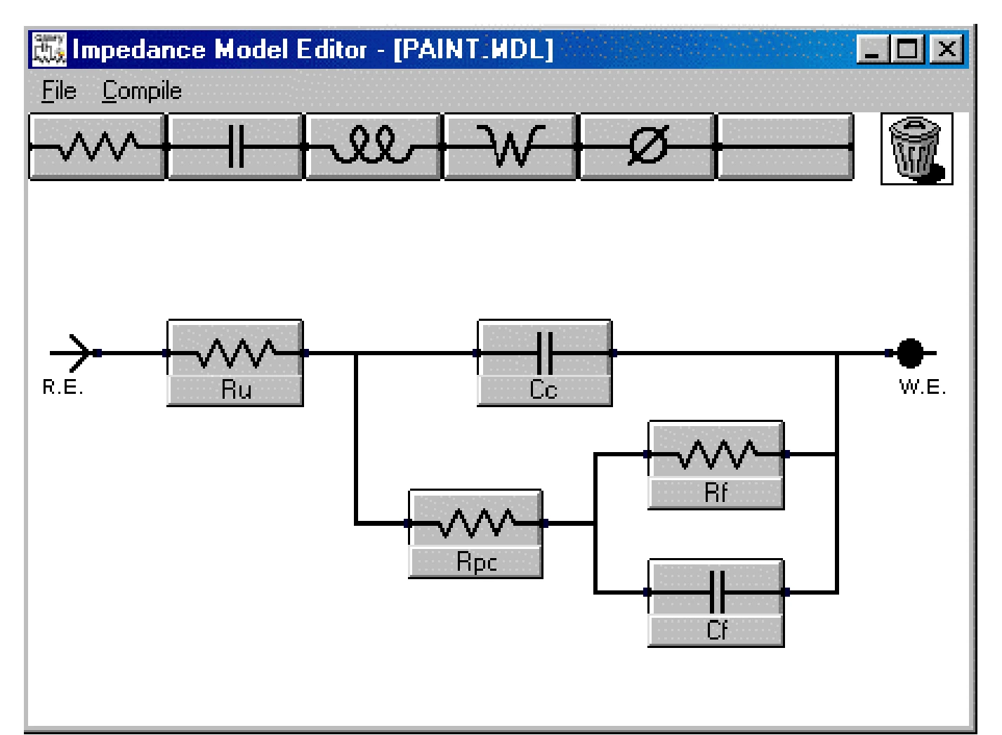 Gamry's analysis software includes the Model Editor to visually build an equivalent circuit model Use the Model Editor to visually build an equivalent circuit model